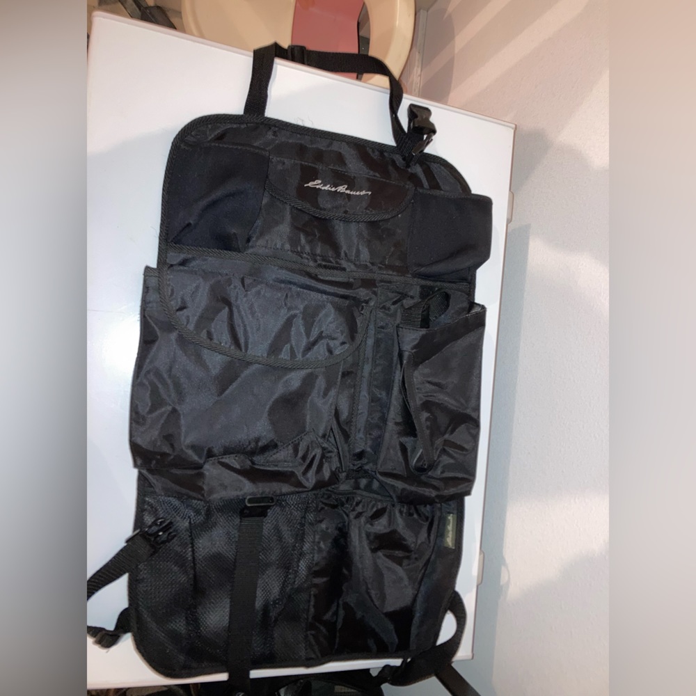 Eddie bauer black nylon adjustable car behind over seat organizer storage pocket